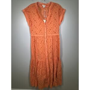 Sundance Brea Eyelet Midi Dress Womens S Coral Beachy Flowy Tie Waist